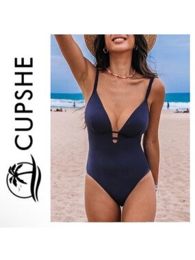 NWT Cupshe Deep Purple Textured Plunging V Neck One Piece Swimsuit